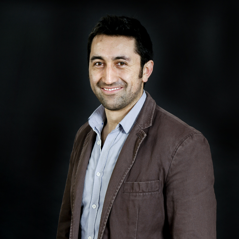 Smiling man, dark eyes, and dark long wavy hair styled to one side